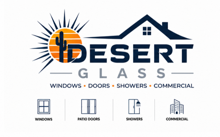 Desert Glass logo: windows, patio doors, showers, and commercial