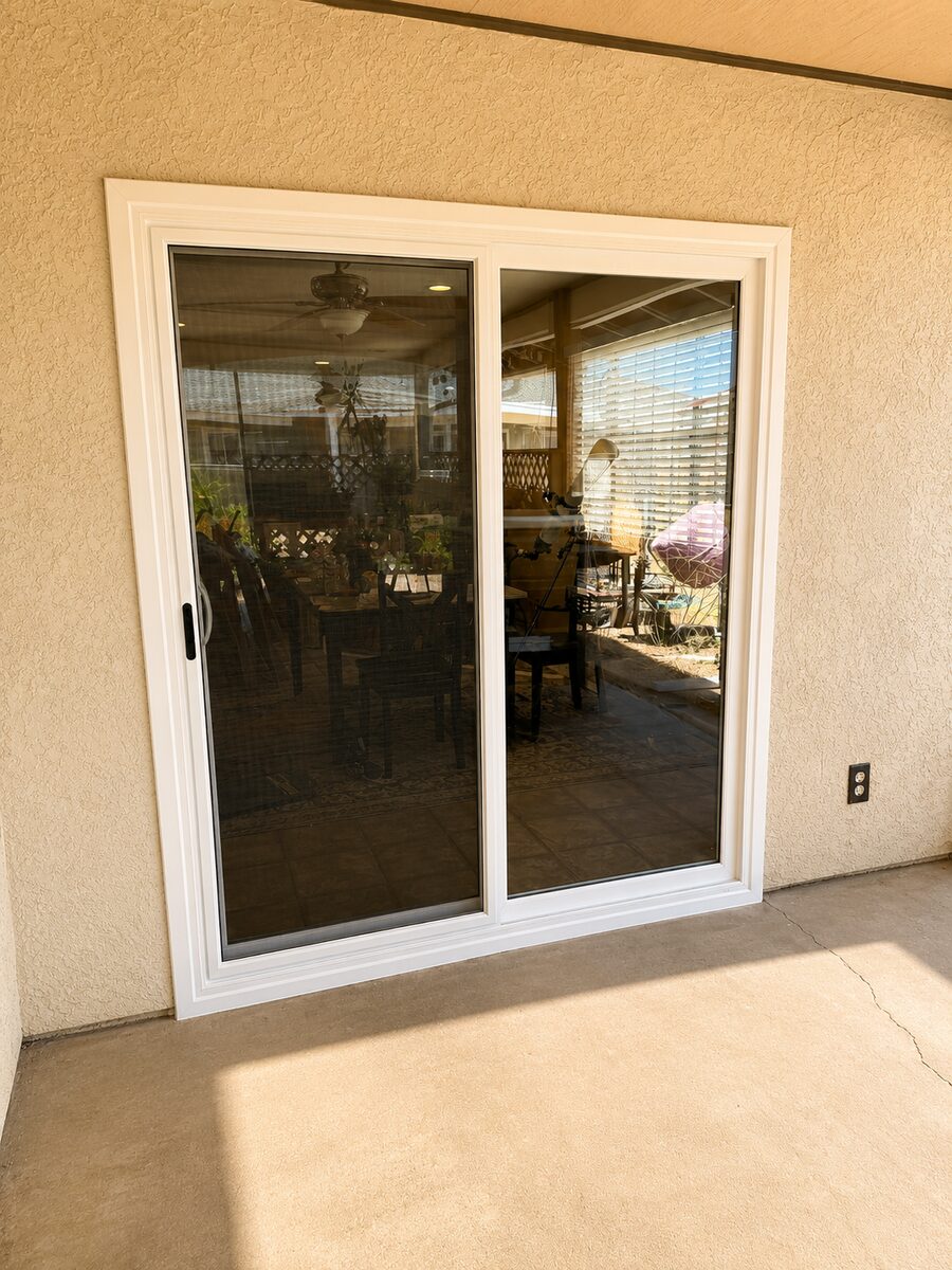 A newly installed white-framed sliding patio door on a High Desert home